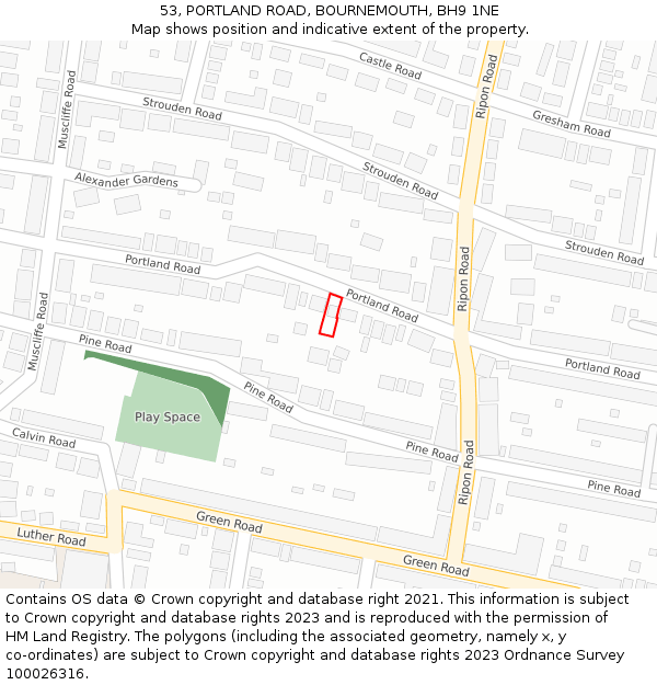 53, PORTLAND ROAD, BOURNEMOUTH, BH9 1NE: Location map and indicative extent of plot