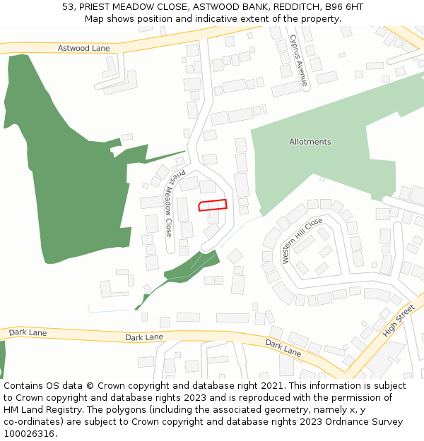 53, PRIEST MEADOW CLOSE, ASTWOOD BANK, REDDITCH, B96 6HT: Location map and indicative extent of plot