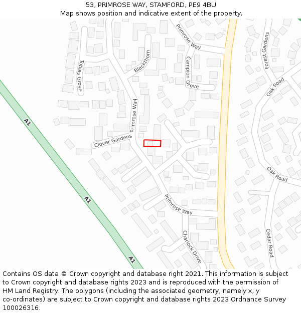 53, PRIMROSE WAY, STAMFORD, PE9 4BU: Location map and indicative extent of plot