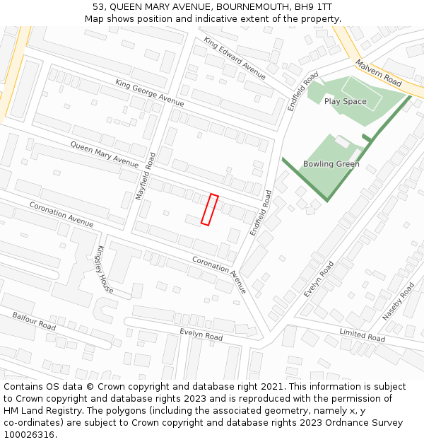 53, QUEEN MARY AVENUE, BOURNEMOUTH, BH9 1TT: Location map and indicative extent of plot