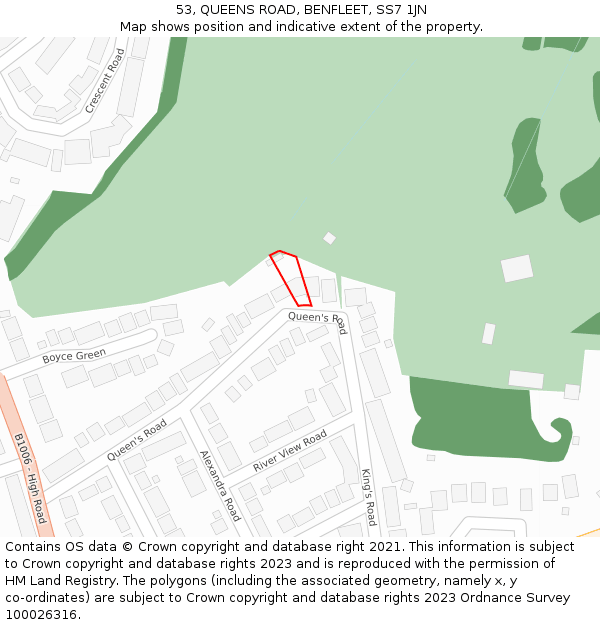 53, QUEENS ROAD, BENFLEET, SS7 1JN: Location map and indicative extent of plot
