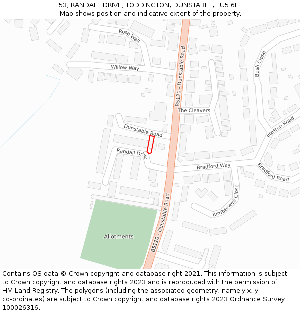 53, RANDALL DRIVE, TODDINGTON, DUNSTABLE, LU5 6FE: Location map and indicative extent of plot