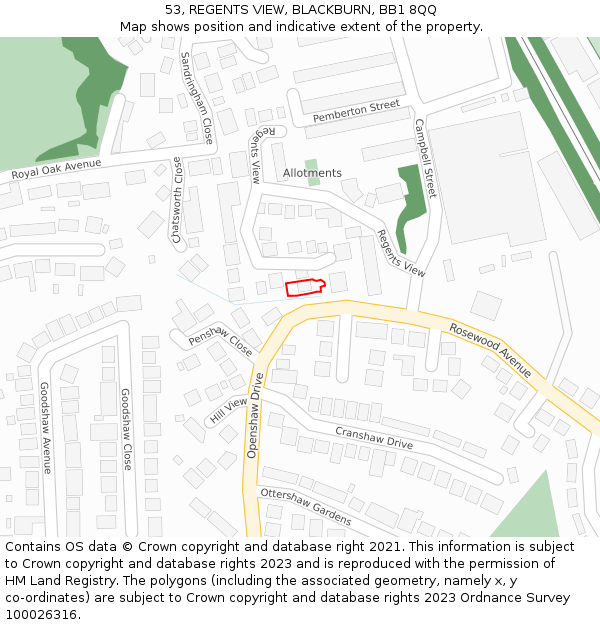 53, REGENTS VIEW, BLACKBURN, BB1 8QQ: Location map and indicative extent of plot