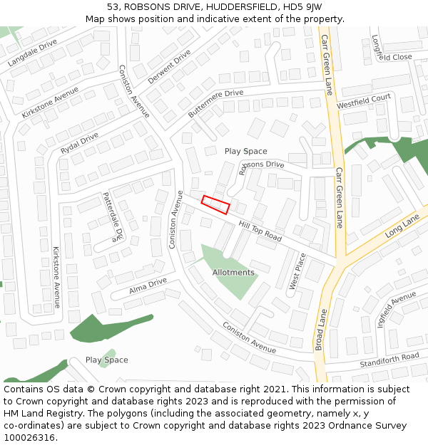 53, ROBSONS DRIVE, HUDDERSFIELD, HD5 9JW: Location map and indicative extent of plot