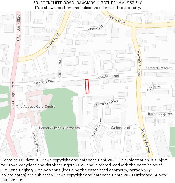 53, ROCKCLIFFE ROAD, RAWMARSH, ROTHERHAM, S62 6LX: Location map and indicative extent of plot