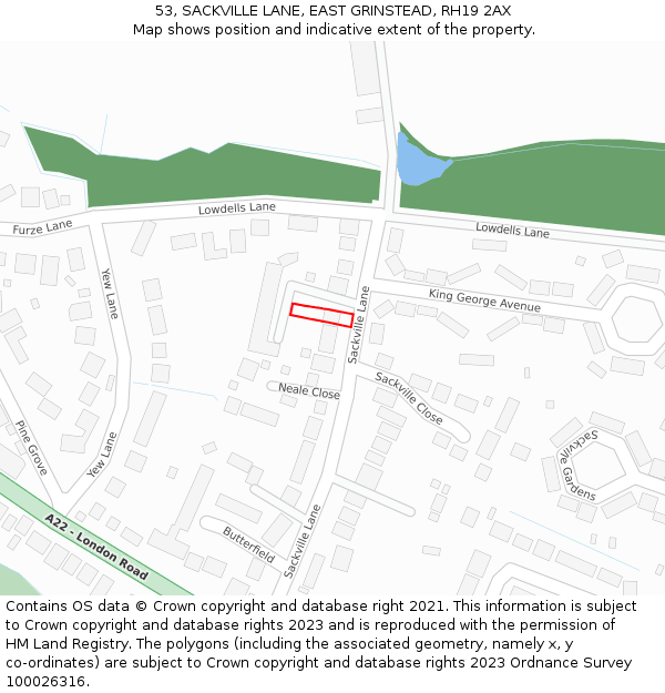 53, SACKVILLE LANE, EAST GRINSTEAD, RH19 2AX: Location map and indicative extent of plot