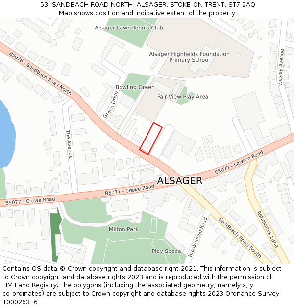 53, SANDBACH ROAD NORTH, ALSAGER, STOKE-ON-TRENT, ST7 2AQ: Location map and indicative extent of plot