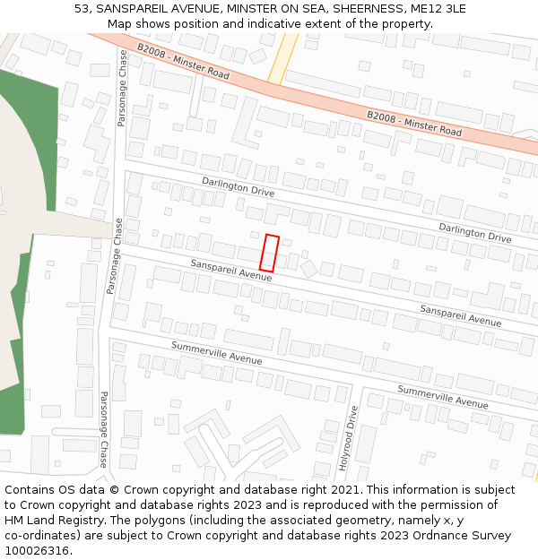 53, SANSPAREIL AVENUE, MINSTER ON SEA, SHEERNESS, ME12 3LE: Location map and indicative extent of plot
