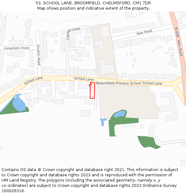 53, SCHOOL LANE, BROOMFIELD, CHELMSFORD, CM1 7DR: Location map and indicative extent of plot