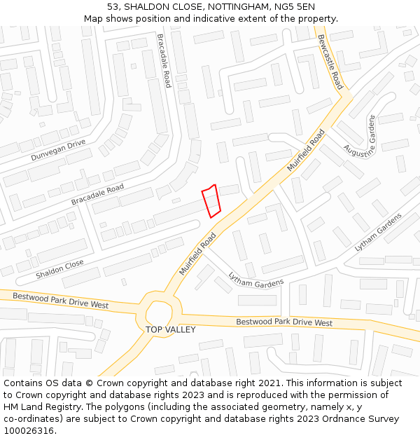 53, SHALDON CLOSE, NOTTINGHAM, NG5 5EN: Location map and indicative extent of plot