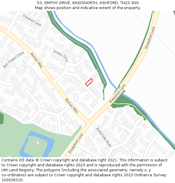 53, SMITHY DRIVE, KINGSNORTH, ASHFORD, TN23 3NS: Location map and indicative extent of plot