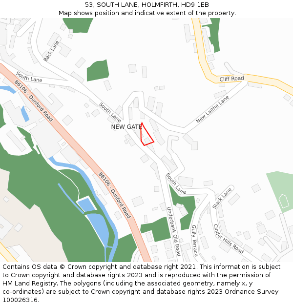 53, SOUTH LANE, HOLMFIRTH, HD9 1EB: Location map and indicative extent of plot
