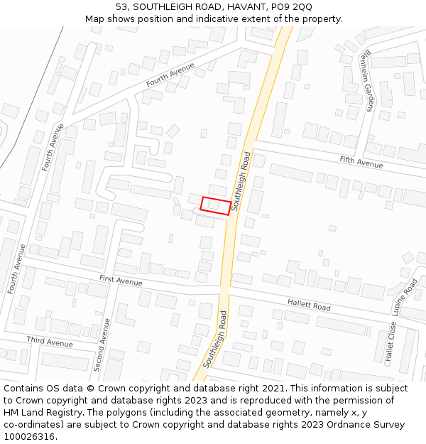 53, SOUTHLEIGH ROAD, HAVANT, PO9 2QQ: Location map and indicative extent of plot