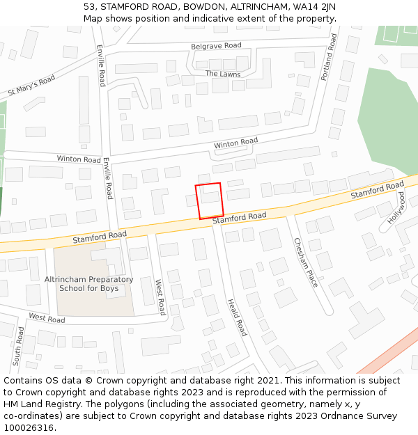 53, STAMFORD ROAD, BOWDON, ALTRINCHAM, WA14 2JN: Location map and indicative extent of plot