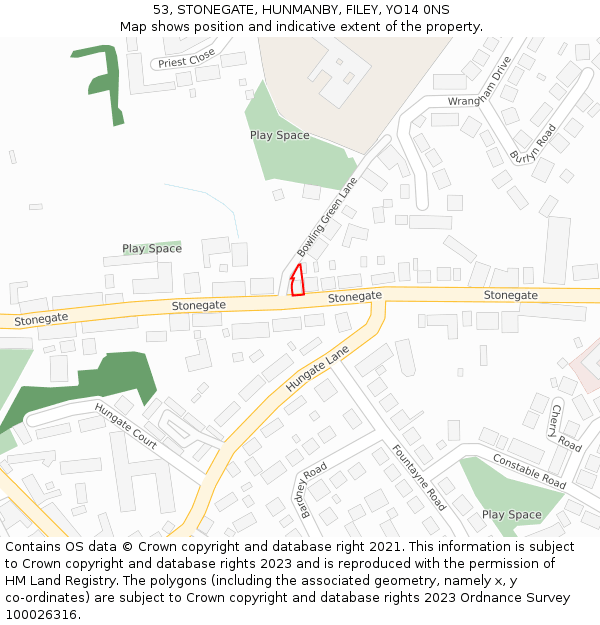 53, STONEGATE, HUNMANBY, FILEY, YO14 0NS: Location map and indicative extent of plot