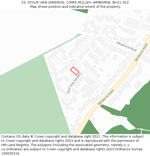 53, STOUR VIEW GARDENS, CORFE MULLEN, WIMBORNE, BH21 3SZ: Location map and indicative extent of plot