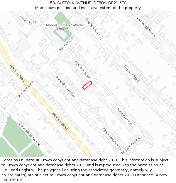 53, SUFFOLK AVENUE, DERBY, DE21 6ES: Location map and indicative extent of plot