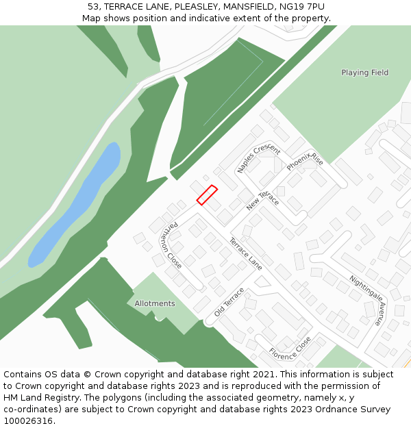 53, TERRACE LANE, PLEASLEY, MANSFIELD, NG19 7PU: Location map and indicative extent of plot