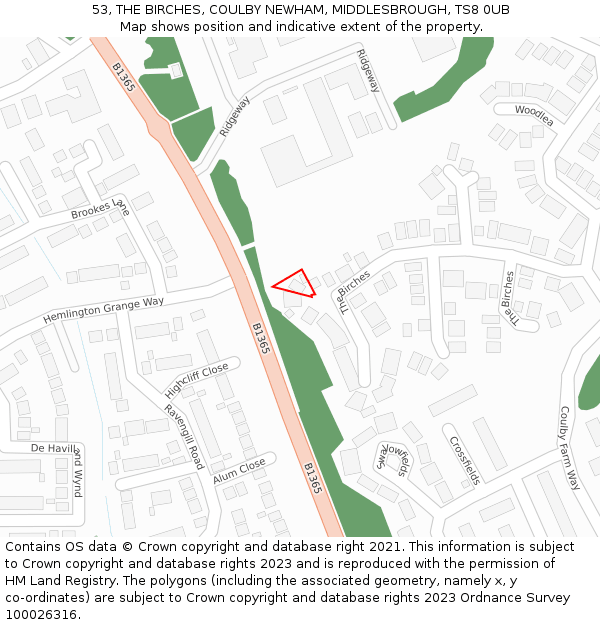 53, THE BIRCHES, COULBY NEWHAM, MIDDLESBROUGH, TS8 0UB: Location map and indicative extent of plot