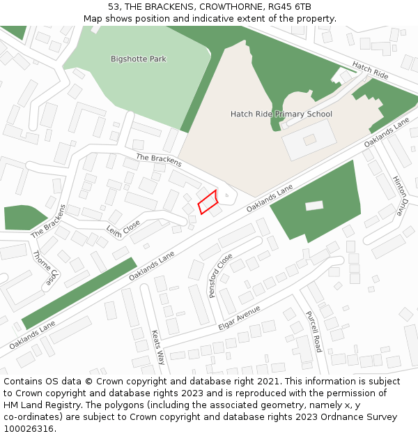 53, THE BRACKENS, CROWTHORNE, RG45 6TB: Location map and indicative extent of plot