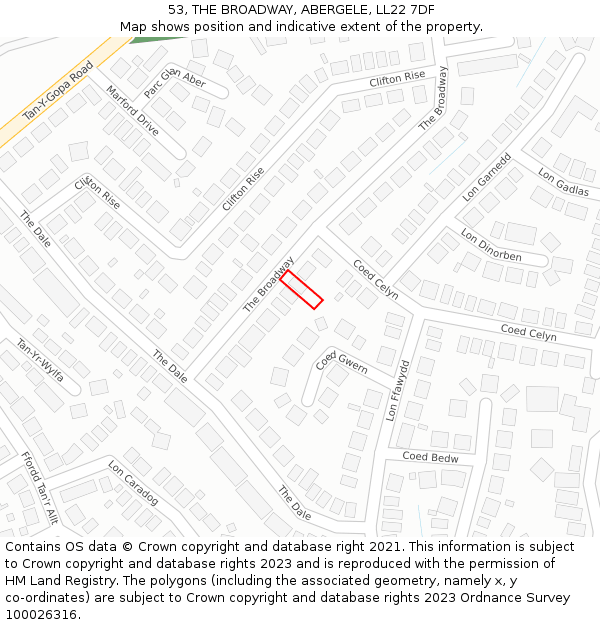 53, THE BROADWAY, ABERGELE, LL22 7DF: Location map and indicative extent of plot