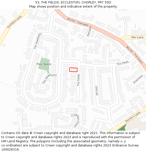 53, THE FIELDS, ECCLESTON, CHORLEY, PR7 5SD: Location map and indicative extent of plot
