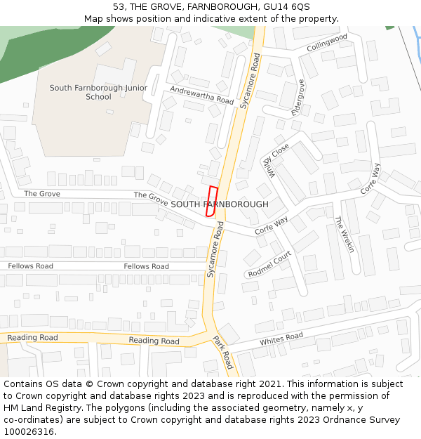 53, THE GROVE, FARNBOROUGH, GU14 6QS: Location map and indicative extent of plot