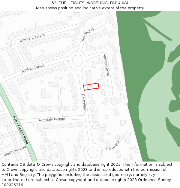 53, THE HEIGHTS, WORTHING, BN14 0AL: Location map and indicative extent of plot