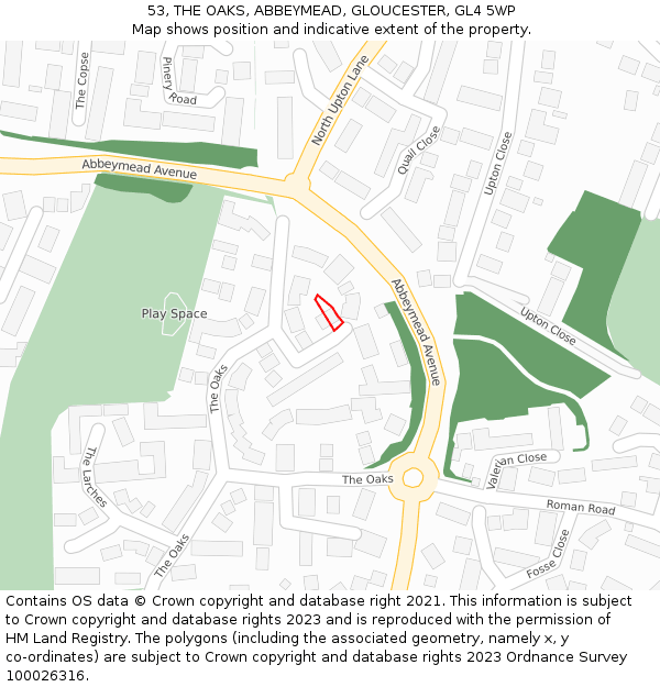 53, THE OAKS, ABBEYMEAD, GLOUCESTER, GL4 5WP: Location map and indicative extent of plot