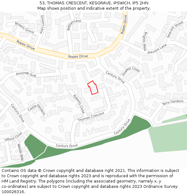 53, THOMAS CRESCENT, KESGRAVE, IPSWICH, IP5 2HN: Location map and indicative extent of plot