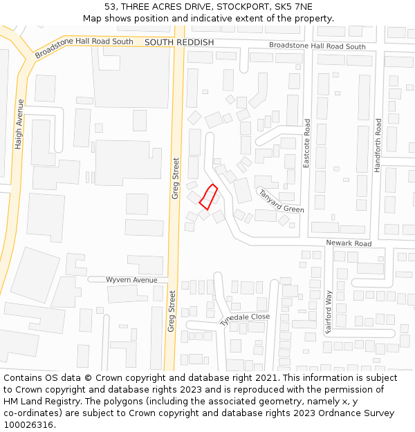 53, THREE ACRES DRIVE, STOCKPORT, SK5 7NE: Location map and indicative extent of plot