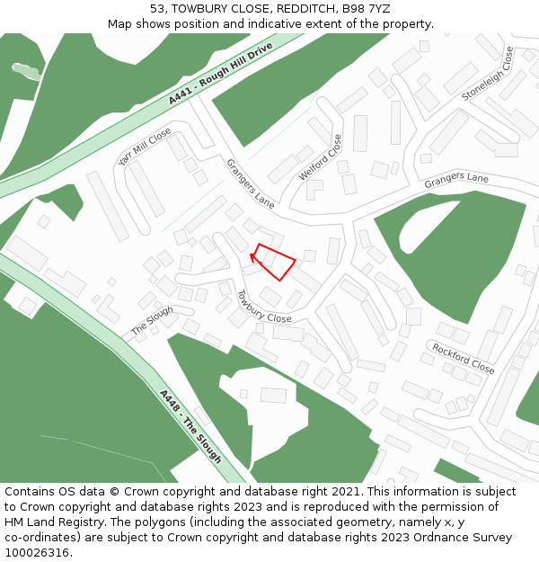 53, TOWBURY CLOSE, REDDITCH, B98 7YZ: Location map and indicative extent of plot