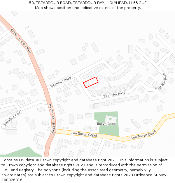 53, TREARDDUR ROAD, TREARDDUR BAY, HOLYHEAD, LL65 2UE: Location map and indicative extent of plot