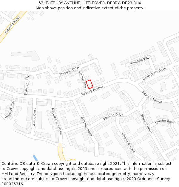 53, TUTBURY AVENUE, LITTLEOVER, DERBY, DE23 3UX: Location map and indicative extent of plot