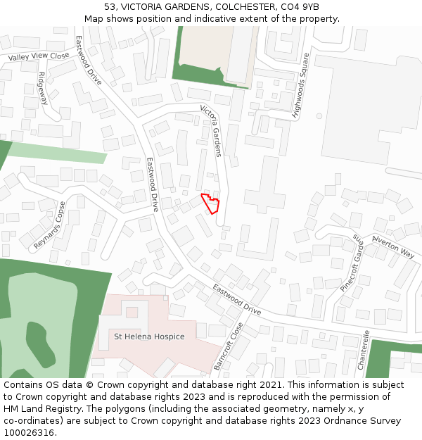 53, VICTORIA GARDENS, COLCHESTER, CO4 9YB: Location map and indicative extent of plot