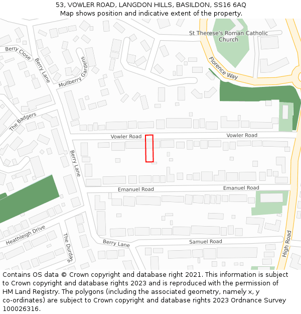 53, VOWLER ROAD, LANGDON HILLS, BASILDON, SS16 6AQ: Location map and indicative extent of plot