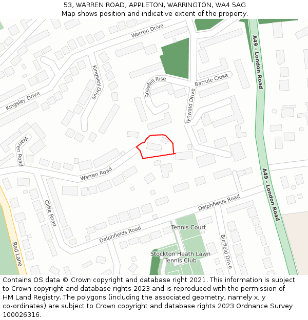 53, WARREN ROAD, APPLETON, WARRINGTON, WA4 5AG: Location map and indicative extent of plot