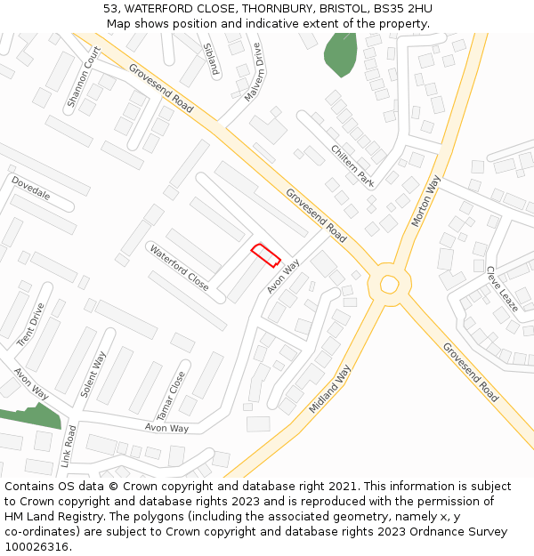 53, WATERFORD CLOSE, THORNBURY, BRISTOL, BS35 2HU: Location map and indicative extent of plot