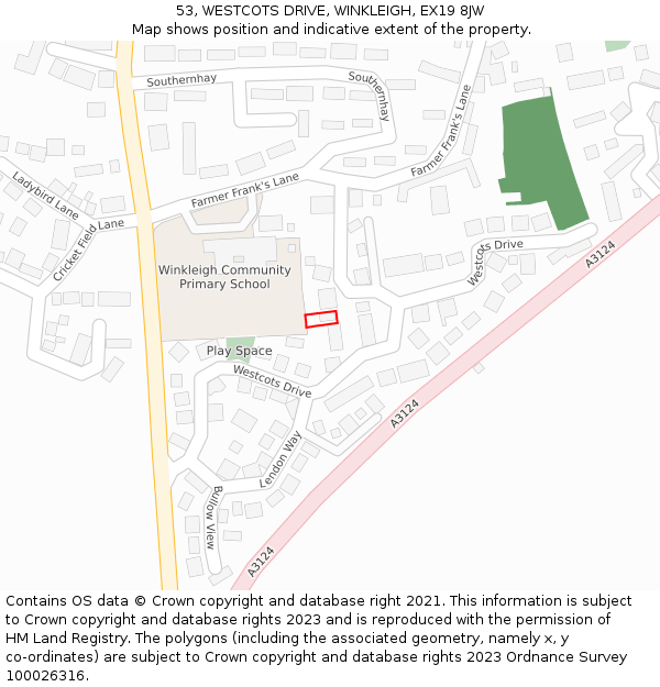 53, WESTCOTS DRIVE, WINKLEIGH, EX19 8JW: Location map and indicative extent of plot