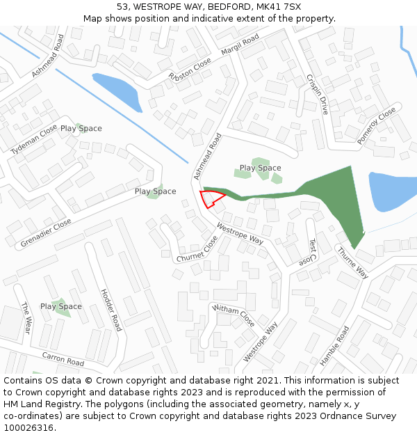 53, WESTROPE WAY, BEDFORD, MK41 7SX: Location map and indicative extent of plot