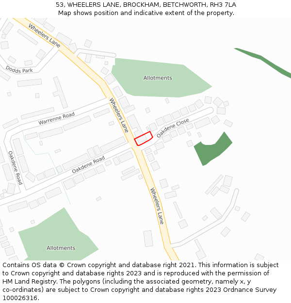 53, WHEELERS LANE, BROCKHAM, BETCHWORTH, RH3 7LA: Location map and indicative extent of plot