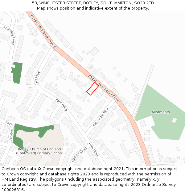 53, WINCHESTER STREET, BOTLEY, SOUTHAMPTON, SO30 2EB: Location map and indicative extent of plot