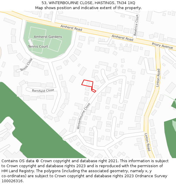 53, WINTERBOURNE CLOSE, HASTINGS, TN34 1XQ: Location map and indicative extent of plot