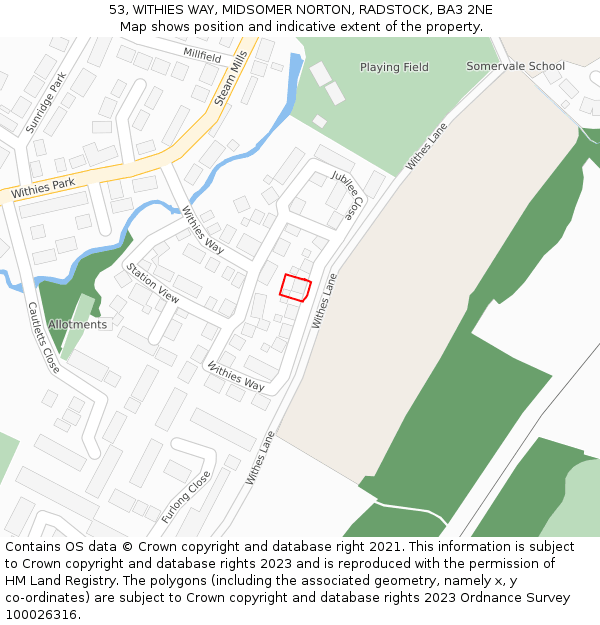 53, WITHIES WAY, MIDSOMER NORTON, RADSTOCK, BA3 2NE: Location map and indicative extent of plot