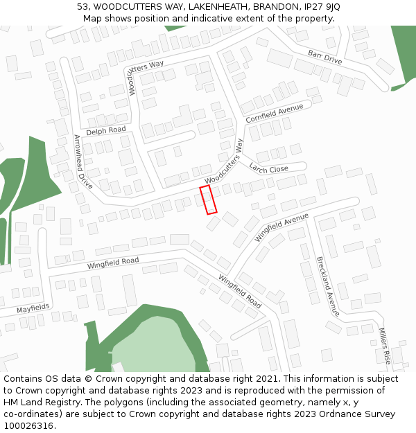 53, WOODCUTTERS WAY, LAKENHEATH, BRANDON, IP27 9JQ: Location map and indicative extent of plot