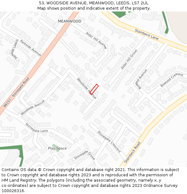 53, WOODSIDE AVENUE, MEANWOOD, LEEDS, LS7 2UL: Location map and indicative extent of plot