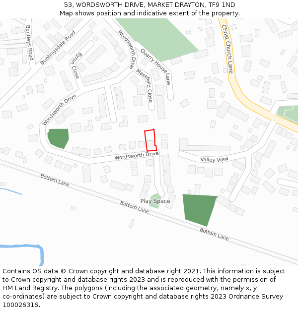 53, WORDSWORTH DRIVE, MARKET DRAYTON, TF9 1ND: Location map and indicative extent of plot