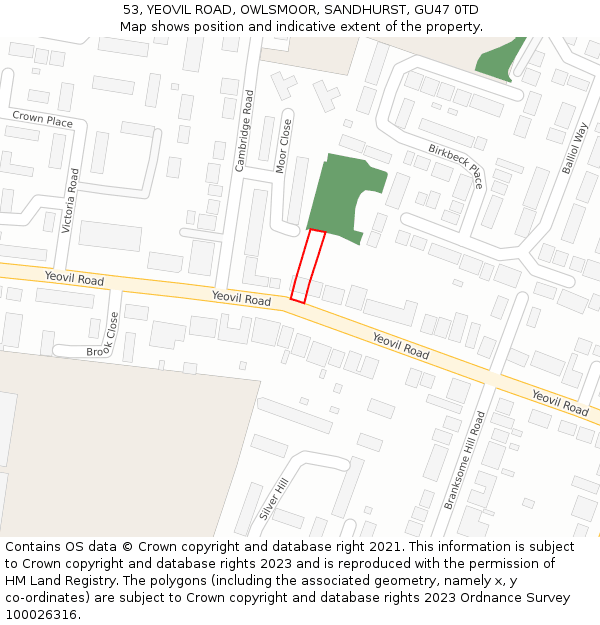 53, YEOVIL ROAD, OWLSMOOR, SANDHURST, GU47 0TD: Location map and indicative extent of plot