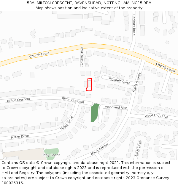 53A, MILTON CRESCENT, RAVENSHEAD, NOTTINGHAM, NG15 9BA: Location map and indicative extent of plot