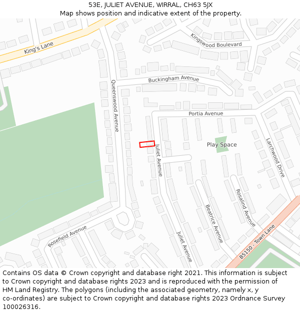 53E, JULIET AVENUE, WIRRAL, CH63 5JX: Location map and indicative extent of plot